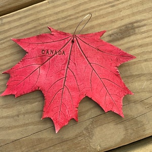 K&ouml;nnte beinhalten: Ein rotes Ahornblatt mit dem Wort "CANADA" gepr&auml;gt. Das Blatt h&auml;ngt an einem silbernen Draht.