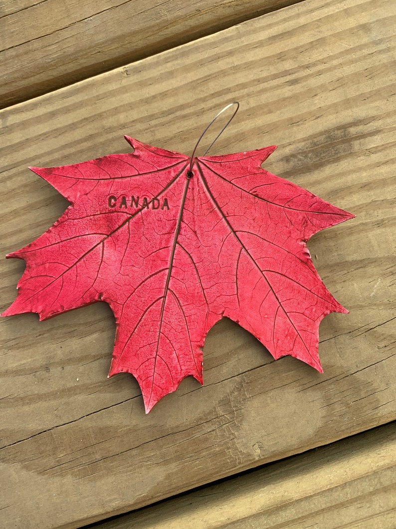 K&ouml;nnte beinhalten: Ein rotes Ahornblatt mit dem Wort "CANADA" gepr&auml;gt. Das Blatt h&auml;ngt an einem silbernen Draht.