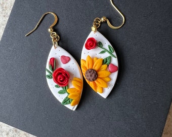flower polymer clay earrings sunflower earrings, bright floral earrings, red rose earrings, Valentine’s earrings