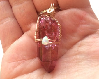 Arkansas ruby aura quartz and opal pendant wire wrapped in gold filled wire rose aura quartz necklace reiki charged red crystal necklace