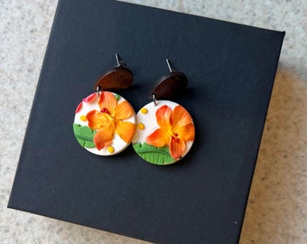 hibiscus earrings, polymer clay flower earrings, tropical flower earrings, handmade one of a kind gift for girlfriend, tropical souvenir