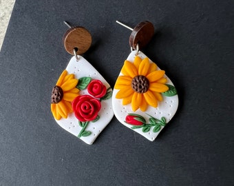 flower polymer clay earrings sunflower earrings, bright floral earrings, red rose earrings, Valentine’s earrings