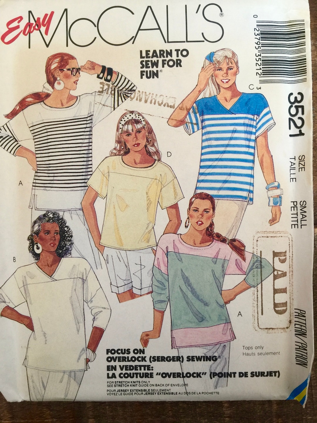 Mccalls Easy Pattern 3521-vintage 1988-size P-S. Misses Tops for ...