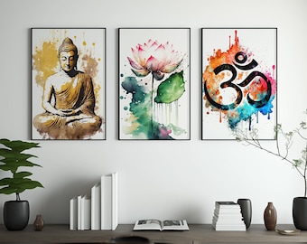 Buddha Wall Art, Set of 3 Prints, Zen Wall Art, Yoga Studio Decor, Meditation Wall Art, Buddhist Art, Lotus Flower, Om Symbol