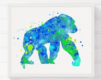 Gorilla Art Print Watercolor Painting Poster Nursery Wall Decor Kids Room Childrens Boys
