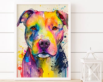 Pitbull Painting, Watercolor Dog Wall Decor, Dog Portrait, Pitbull Art Print, Colorful Wall Art, American Pitbull, Home Decor