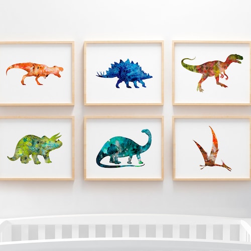 Art de dinosaure, ensemble de 6 estampes, peinture à l'aquarelle, art mural imprimable, décor de chambre de garçons, décor de chambre d'enfants, téléchargement numérique