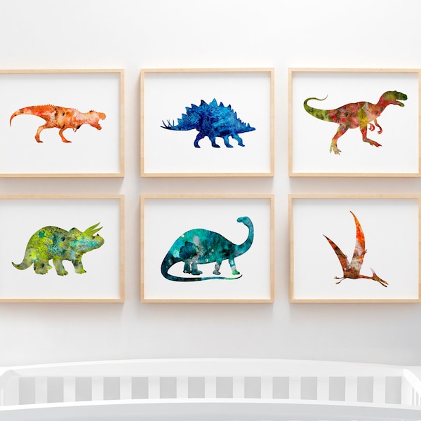 Art de dinosaure, ensemble de 6 estampes, peinture à l'aquarelle, art mural imprimable, décor de chambre de garçons, décor de chambre d'enfants, téléchargement numérique