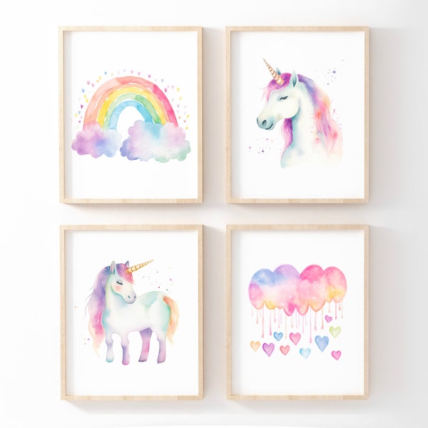 Einhorn Kinderzimmer Dekor, Kinderzimmer Wandkunst, Mädchen Zimmer Dekor, Pastell Regenbogen, 4er Set, druckbare Wandkunst, digitaler Download