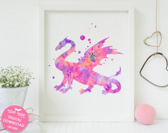 Dragon poster, fantasy art, girl nursery decor, fairytale wall art, dragon watercolor, printable art, digital download, pink