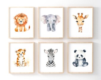 Jungle Nursery Decor, Nursery Wall Art, Safari Animals, Baby Room Decor, Watercolor, Set Of 6, Printable Wall Art, Digital Download