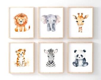 Watercolor Jungle Nursery Decor, Set of 6 Safari Animal Prints, Printable Art (Digital Download)