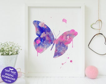 Butterfly poster, watercolor print, butterfly wall art, printable art, instant download, girl nursery decor, purple