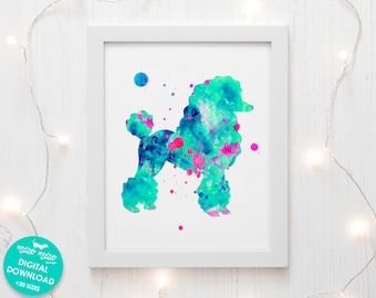 Poodle art, watercolor painting, printable wall art, digital download, dog print, pet portrait, nursery decor, turquoise