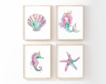 Mermaid Nursery Decor, Nursery Wall Art, Girl Room Decor, Pastel Pink Teal Gold, Set Of 4, Printable Wall Art, Digital Download