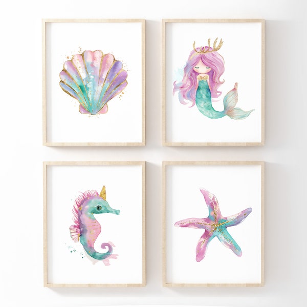 Mermaid Nursery Decor, Nursery Wall Art, Girl Room Decor, Pastel Pink Teal Gold, Set Of 4, Printable Wall Art, Digital Download