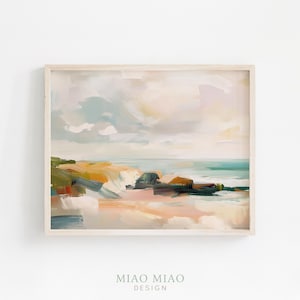 Abstract Coastal Landscape Wall Art, Minimalist Beach Print, Modern Ocean Painting, Pastel Seascape Decor for Living Room, Printable Art