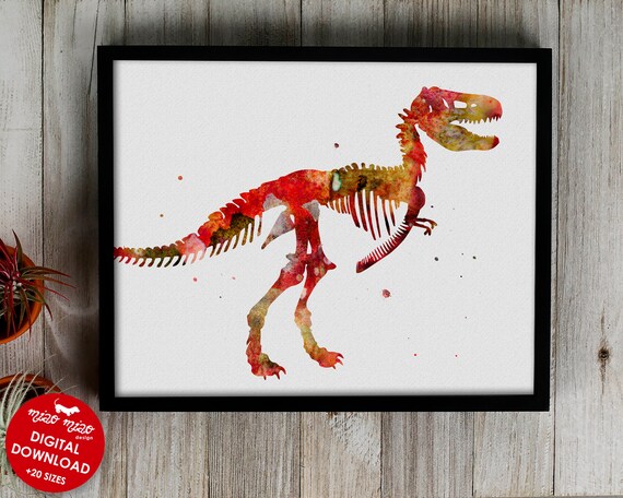 Triceratops Dinosaur Skeleton Dino Watercolor Print Nursery Art Print For Kids