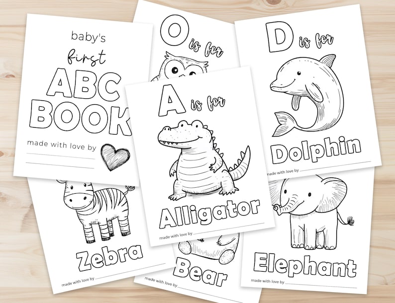 Peut inclure: Livre d'alphabet imprimable noir et blanc pour b&eacute;b&eacute;s. Chaque page pr&eacute;sente une lettre, un animal et la phrase "est pour" avec le nom de l'animal. Les pages comprennent les lettres A, D et O.