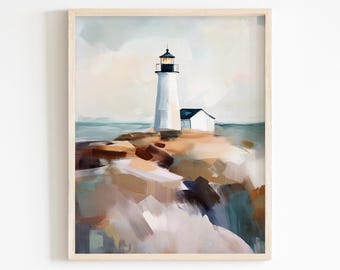 Coastal Lighthouse Wall Art, Seaside Painting, Nautical Beach House Decor, Ocean Print (Digital Download)