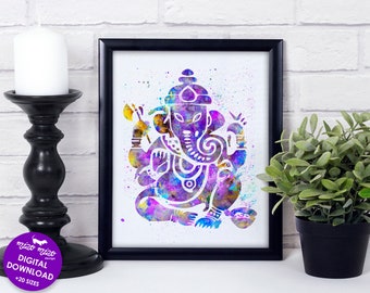 Ganesh print, watercolor art, spiritual wall art, yoga poster, meditation room, zen decor, printable art, purple