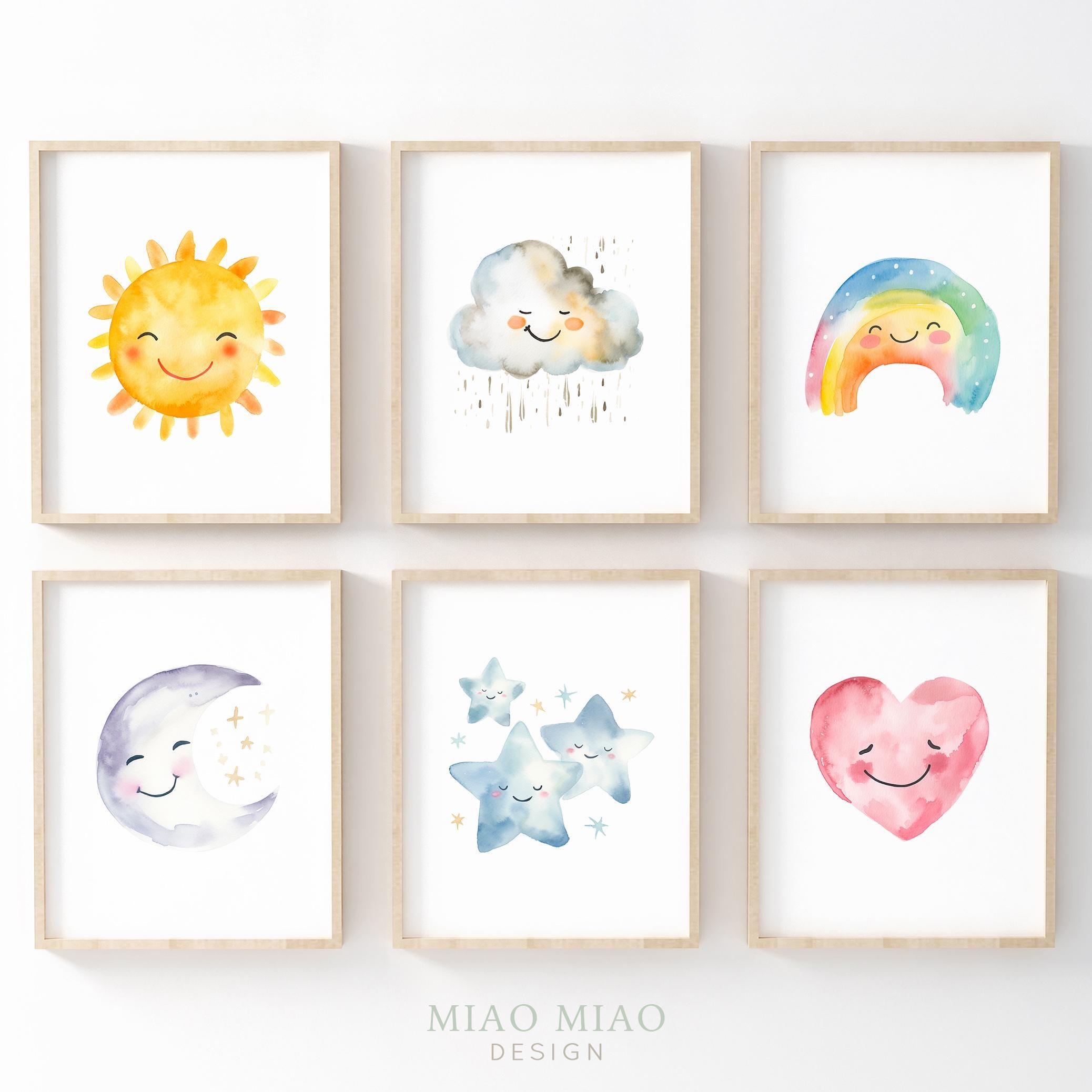 Rainbow Nursery Decor, Nursery Wall Art, Sun and Moon Art, Baby Room Decor, Watercolor, Set Of 6, Printable Wall Art, Digital Download