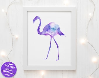 Flamingo printable art, watercolor flamingo, tropical nursery, girls wall art, flamingo decor, printable art, purple