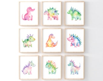 Dinosaur Nursery Decor, Nursery Wall Art, Baby Room Decor, Watercolor Dinosaur, Set Of 9, Printable Wall Art, Digital Download