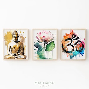 Buddha Wall Art, Set of 3 Prints, Zen Wall Art, Yoga Studio Decor, Meditation Wall Art, Buddhist Art, Lotus Flower, Om Symbol