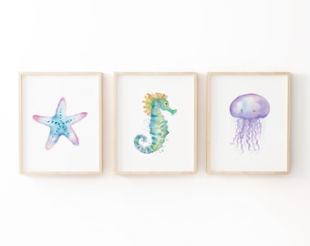 Ocean Nursery Decor, Nursery Wall Art, Under The Sea, Baby Room Decor, Watercolor, Set Of 3, Printable Wall Art, Digital Download