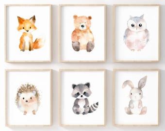 Watercolor Woodland Animals Nursery Art, Set of 6 Prints, Baby Room Decor (Digital Download)