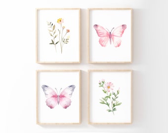 Butterfly Nursery Decor, Nursery Wall Art, Baby Girl Nursery, Wildflowers, Butterflies, Set Of 4, Printable Wall Art, Digital Download