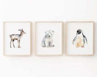 Watercolor Winter Animal Nursery Decor, Set of 6 Arctic Animal Prints, Printable Art (Digital Download)