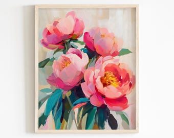Pintura de peonía rosa, arte floral moderno, decoración colorida para el hogar (descarga digital)