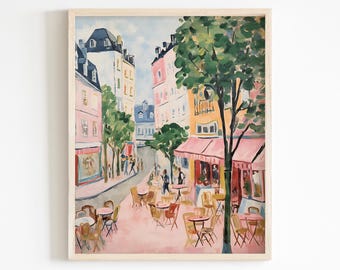Parisian Street Art Print, Colorful Café Scene Wall Decor, French Cityscape (Digital Download)