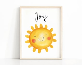 Smiling Sun Print, Baby Nursery Decor, Nursery Wall Art, Kids Room Decor, Watercolor Sun, Joy Printable Wall Art, Digital Download