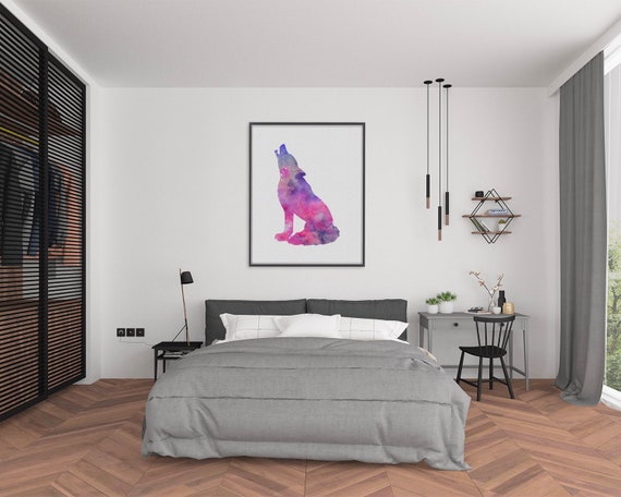 Pink Howling Wolf Print Watercolor Art Girls Room Decor Woodland Animal Prints Printable Wall Art Downloadable