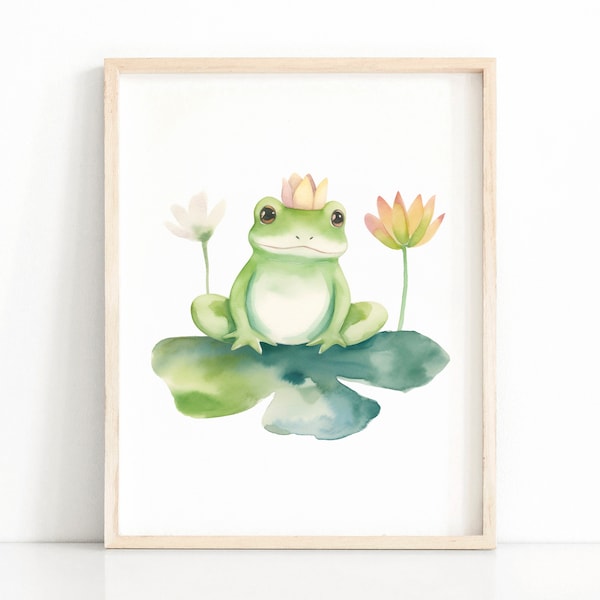 Cute Frog Print, Frog Nursery Decor, Nursery Wall Art, Kids Room Decor, Watercolor Animal, Printable Wall Art, Digital Download