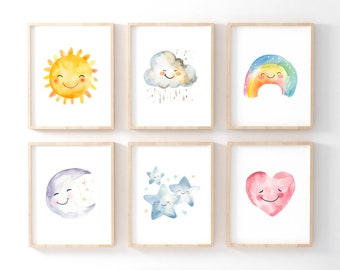 Rainbow Nursery Decor, Nursery Wall Art, Sun and Moon Art, Baby Room Decor, Watercolor, Set Of 6, Printable Wall Art, Digital Download