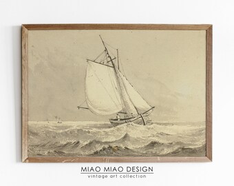 Antique art, sailboat drawing, coastal wall decor, nautical decor, ocean art, beach wall art, printable wall art, 17