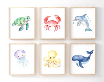 Ocean Nursery Decor, Nursery Wall Art, Under The Sea, Baby Room Decor, Watercolor, Set Of 6, Printable Wall Art, Digital Download