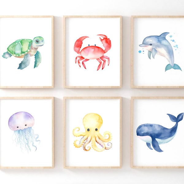 Ocean Nursery Decor, Nursery Wall Art, Under The Sea, Baby Room Decor, Watercolor, Set Of 6, Printable Wall Art, Digital Download