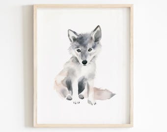 Baby Wolf Print, Wolf Nursery Decor, Nursery Wall Art, Kids Room Decor, Watercolor Animal, Printable Wall Art, Digital Download
