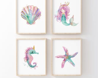 Mermaid Nursery Decor, Nursery Wall Art, Girl Room Decor, Pastel Pink Teal Gold, Set Of 4, Printable Wall Art, Digital Download