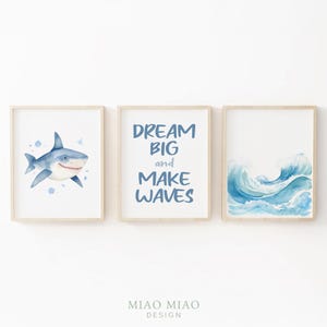 Shark Nursery Decor, Nursery Wall Art, Ocean Theme, Boy Room Decor, Watercolor, Set Of 3, Printable Wall Art, Digital Download