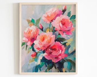 May include: A painting of a bouquet of pink roses with green leaves against a light blue background.