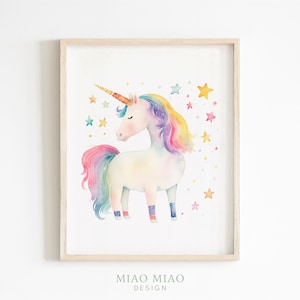 Stampa unicorno, arte per la cameretta delle bambine, decorazione da parete per la cameretta delle bambine, decorazione da camera da letto per bambine, unicorno acquerello, arte da parete stampabile, download digitale