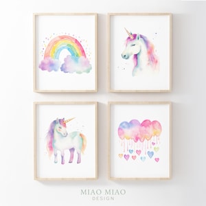 Unicorn Nursery Decor, Nursery Wall Art, Girl Room Decor, Pastel Rainbow, Set Of 4, Printable Wall Art, Digital Download