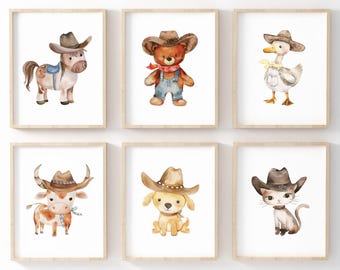 Cowboy Animals Watercolor Nursery Art, Set of 6 Prints, Western Room Decor (Digital Download)