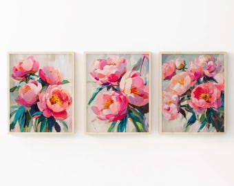 Roze pioenrozen muurkunst set, bloemen slaapkamerdecor, pioenroos bloemenschilderijen (digitale download)